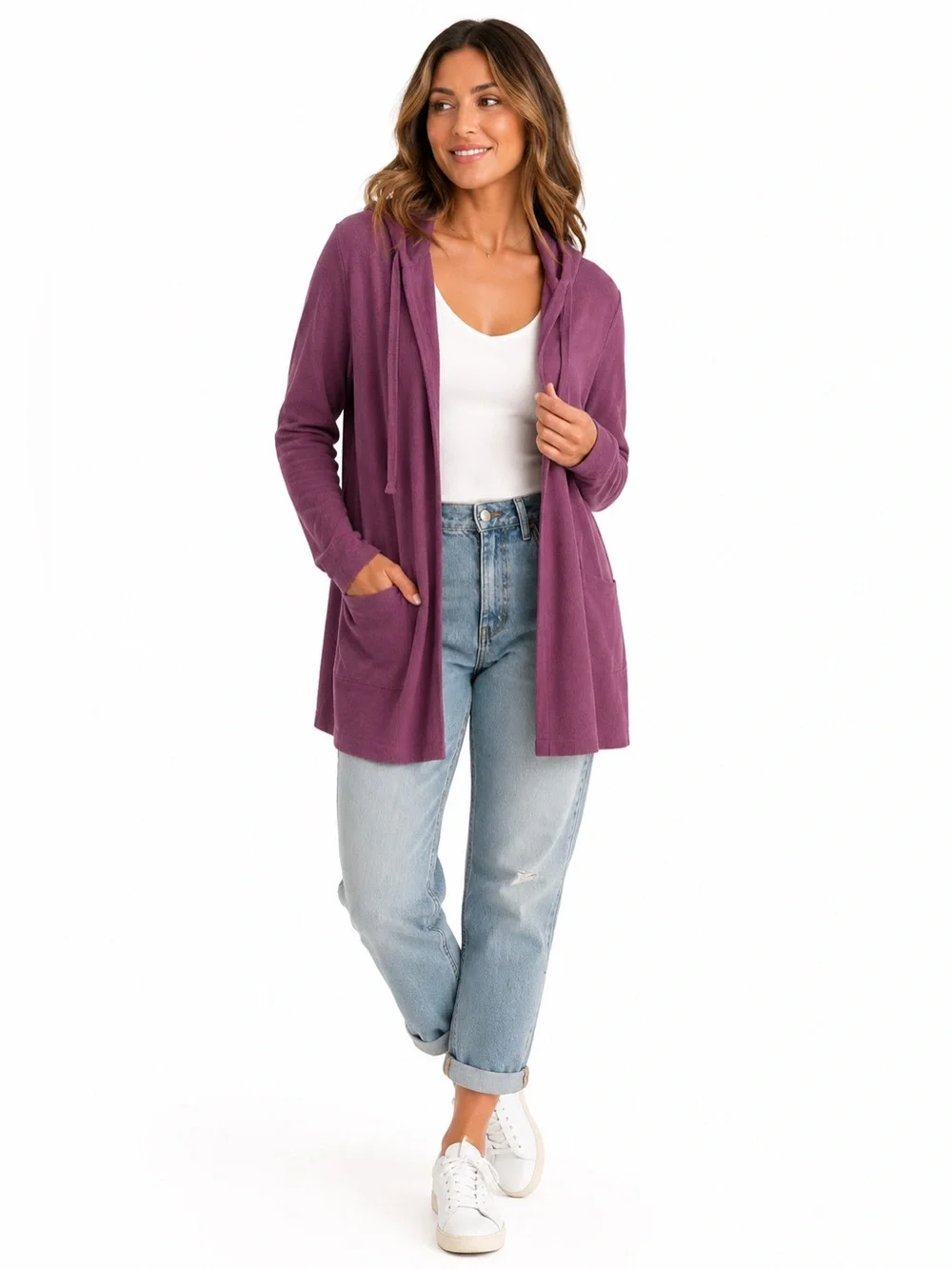 Z Supply Hooded Cardigan Plum Purple Marled Textured Knit Open Front Medium